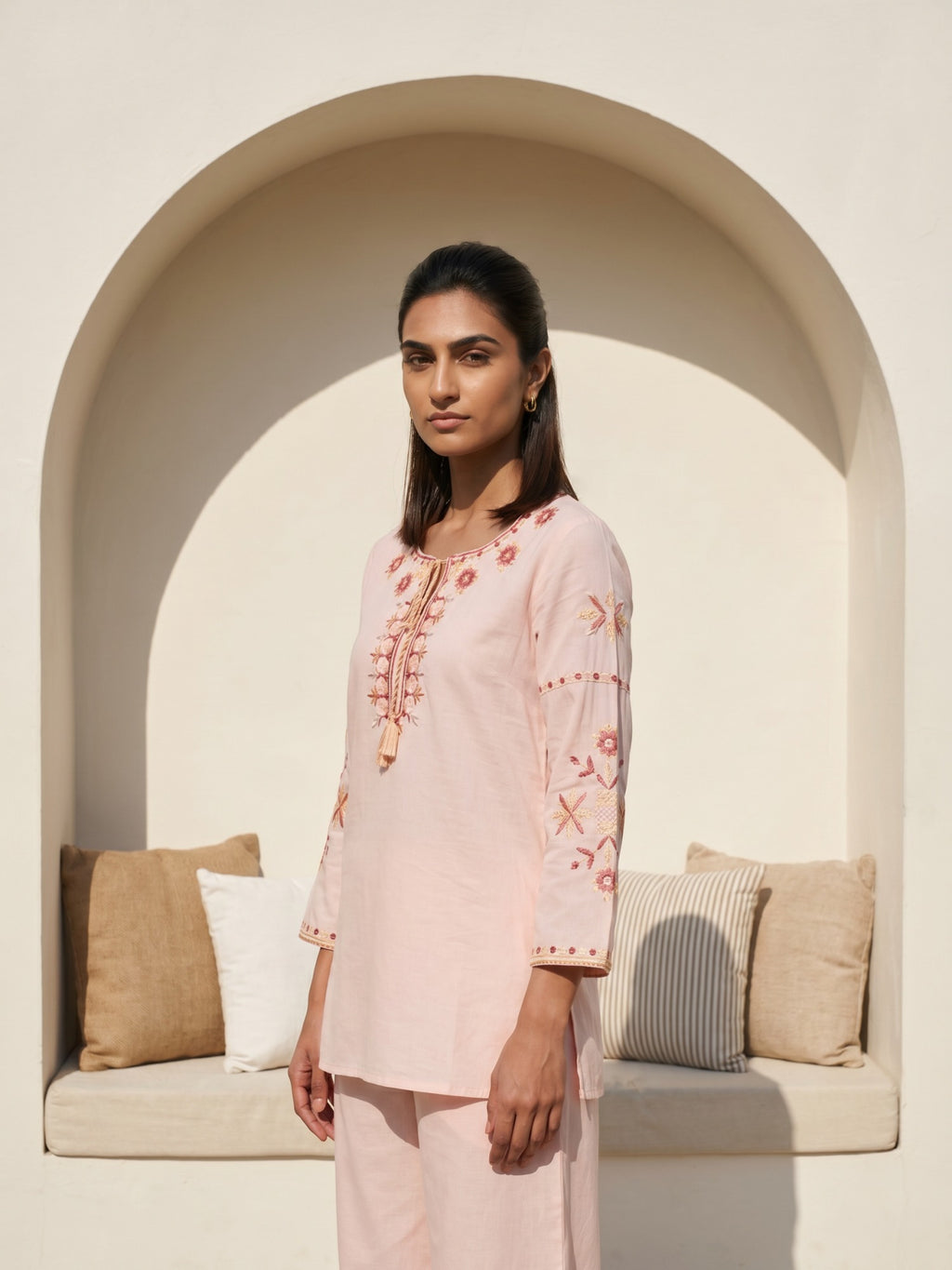 Philauri Bohemian Cotton Embroidered Tunic with Palazzos