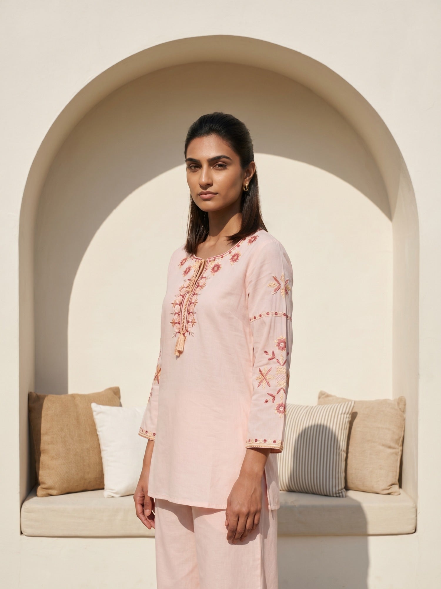Philauri Bohemian Cotton Embroidered Tunic with Palazzos