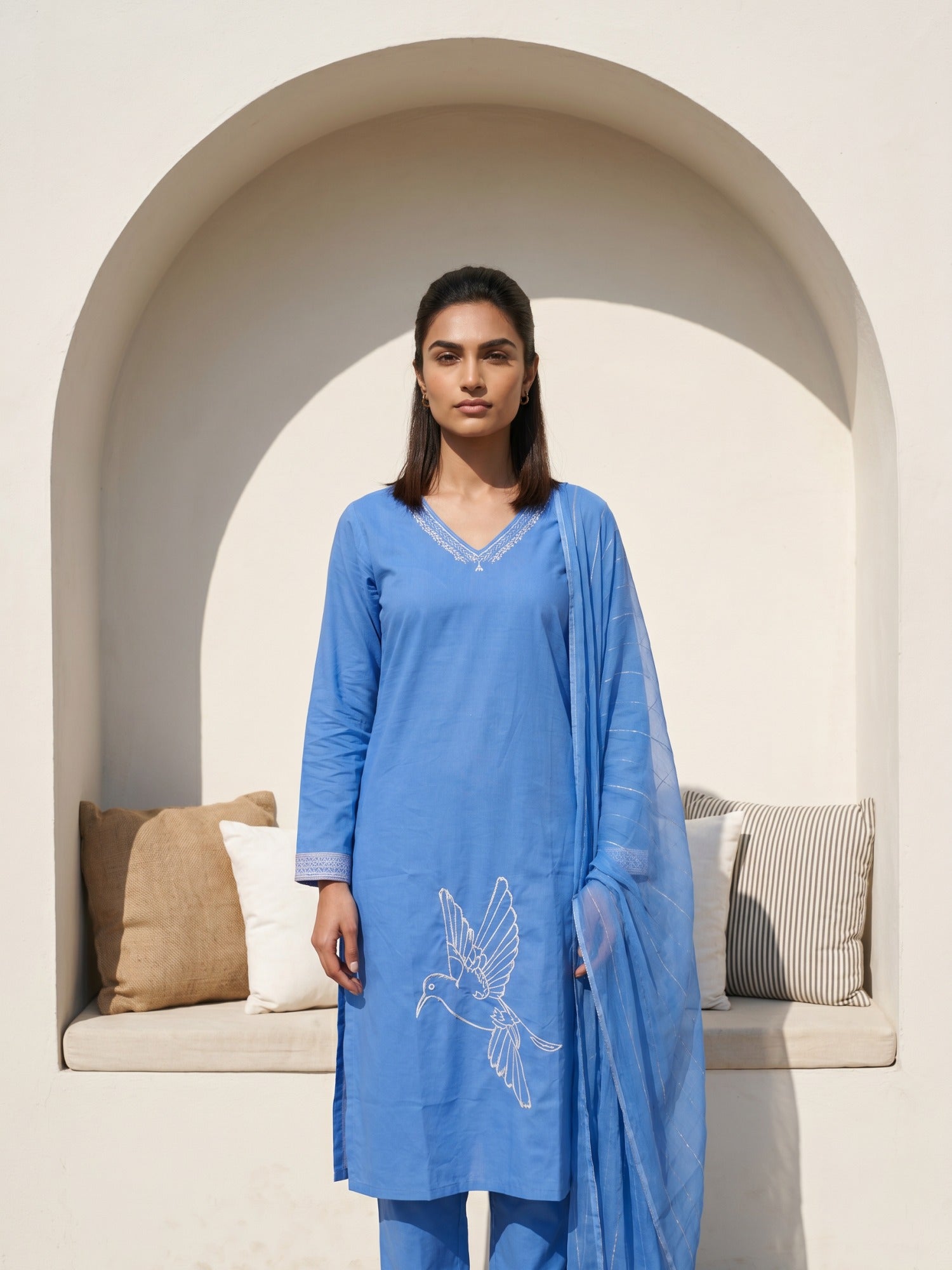 Philauri Women Ethnic Motifs Embroidered Regular Thread Work Pure Cotton Kurta with Trousers & With Dupatta