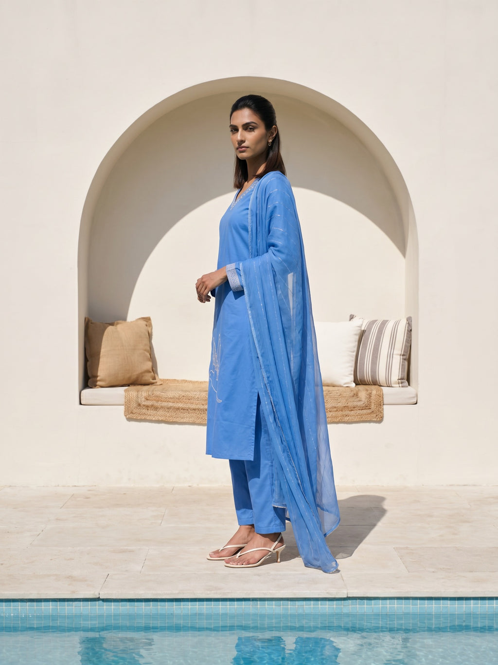 Philauri Women Ethnic Motifs Embroidered Regular Thread Work Pure Cotton Kurta with Trousers & With Dupatta