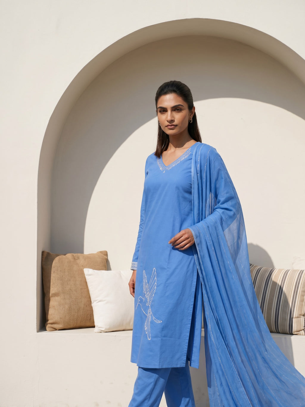 Philauri Women Ethnic Motifs Embroidered Regular Thread Work Pure Cotton Kurta with Trousers & With Dupatta