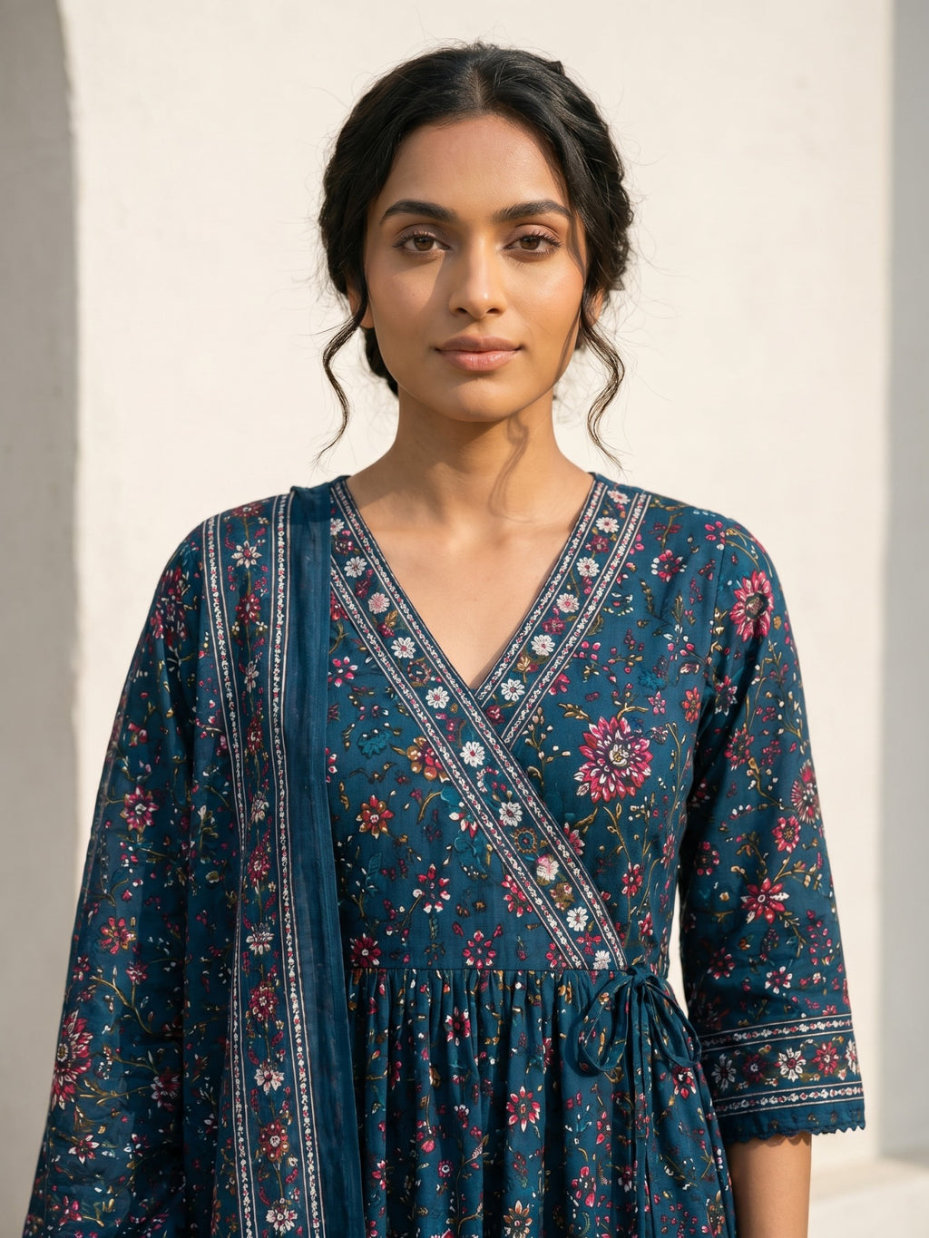 Philauri Women Floral Printed Angrakha Pure Cotton Kurta with Trousers & With Dupatta