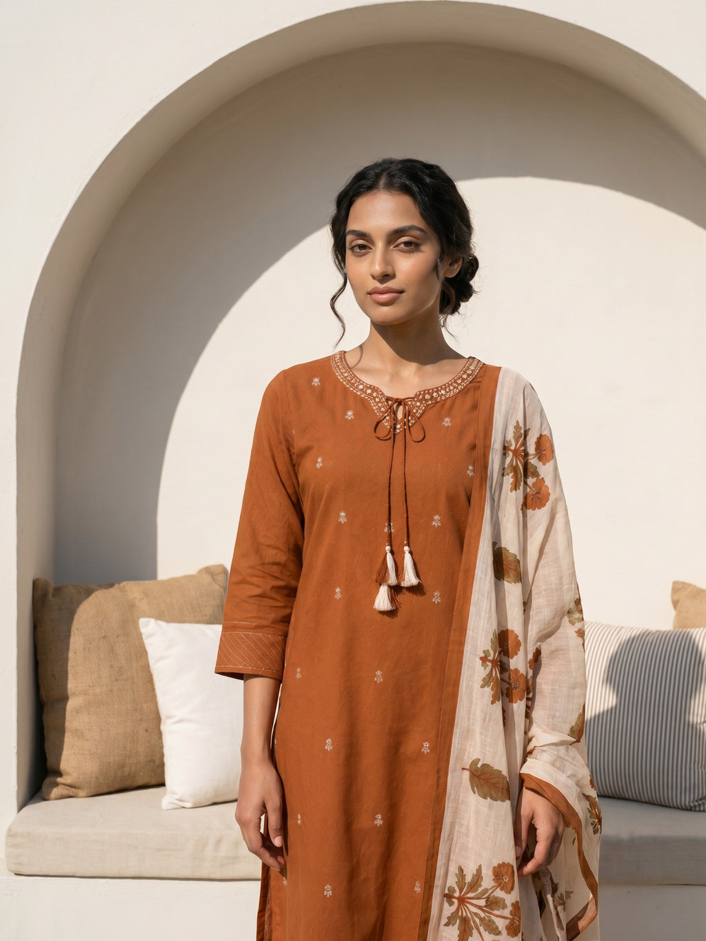 Philauri Women Ethnic Motifs Embroidered Regular Thread Work Pure Cotton Kurta with Trousers & With Dupatta