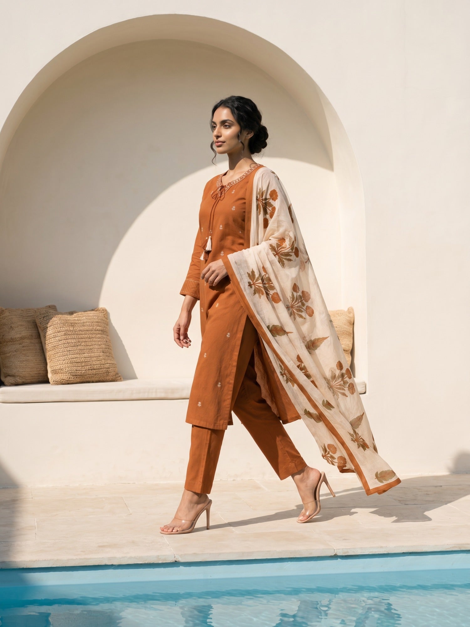Philauri Women Ethnic Motifs Embroidered Regular Thread Work Pure Cotton Kurta with Trousers & With Dupatta