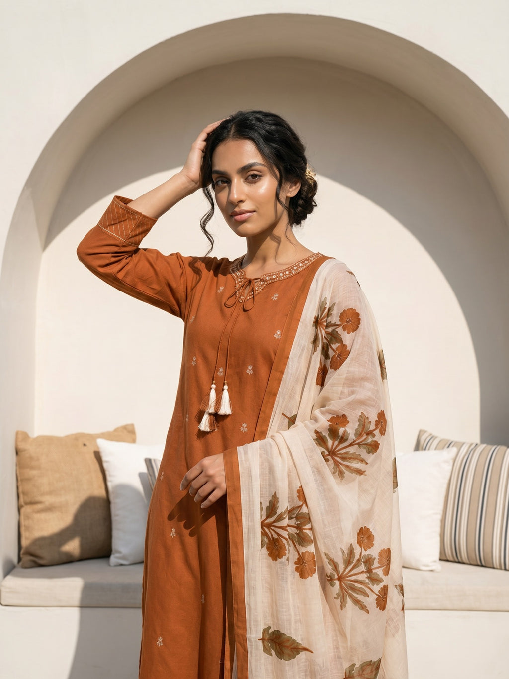 Philauri Women Ethnic Motifs Embroidered Regular Thread Work Pure Cotton Kurta with Trousers & With Dupatta