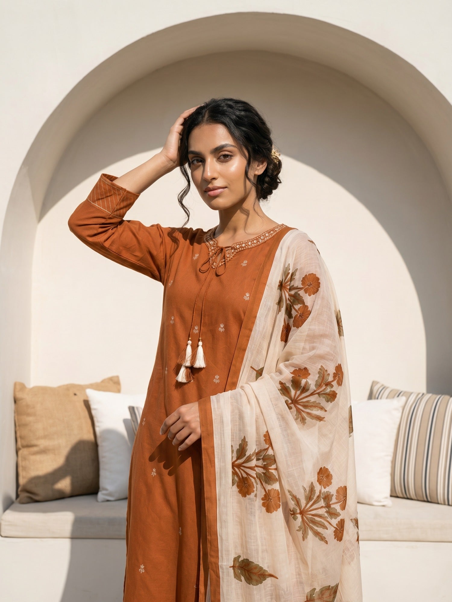 Philauri Women Ethnic Motifs Embroidered Regular Thread Work Pure Cotton Kurta with Trousers & With Dupatta