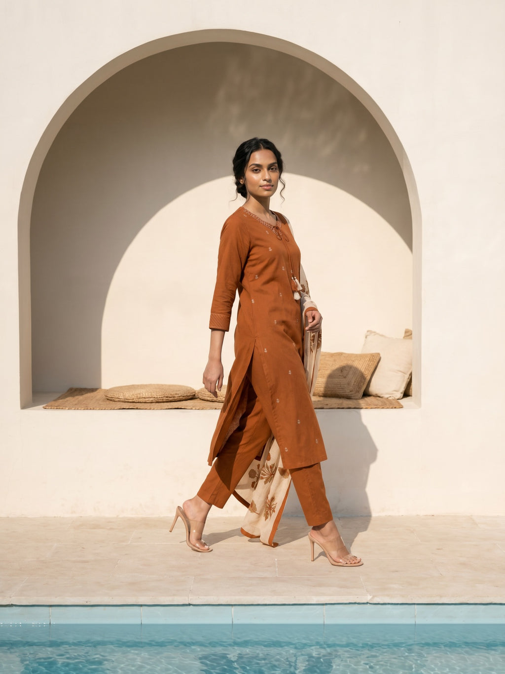 Philauri Women Ethnic Motifs Embroidered Regular Thread Work Pure Cotton Kurta with Trousers & With Dupatta