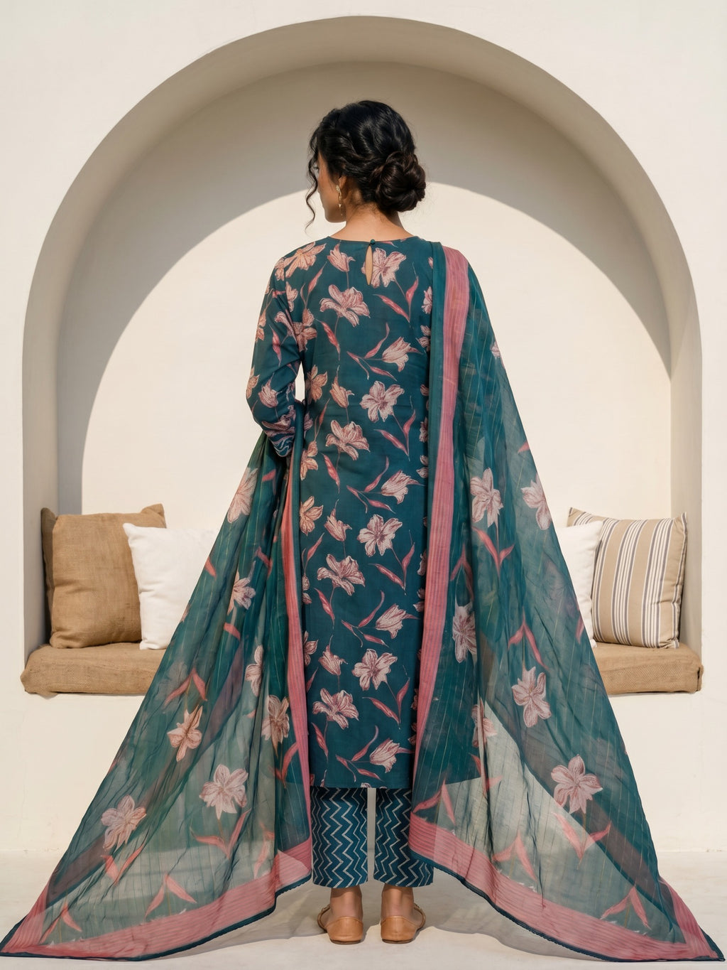 Philauri Women Floral Printed Regular Thread Work Pure Cotton Kurta with Trousers & With Dupatta
