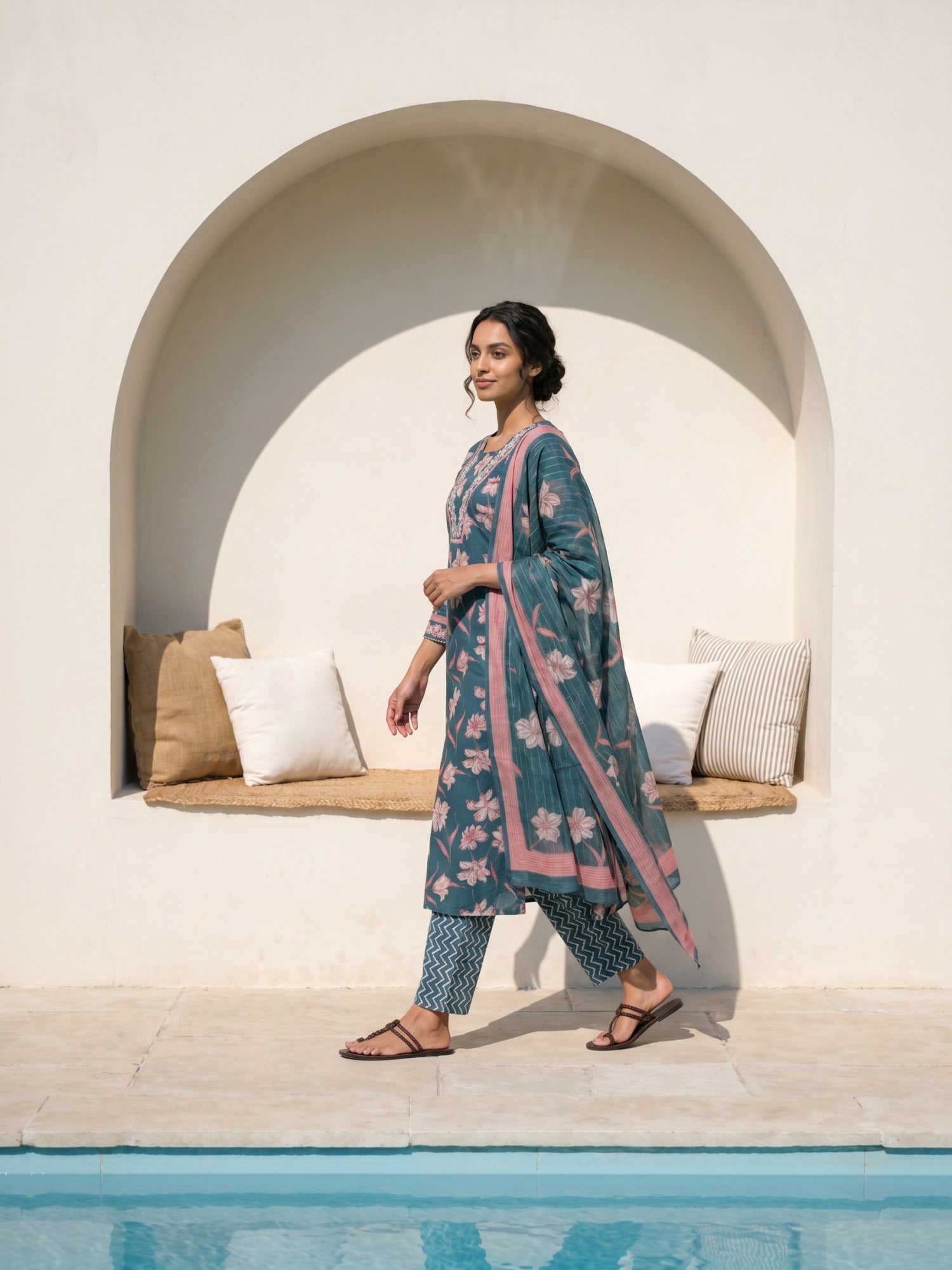 Philauri Women Floral Printed Regular Thread Work Pure Cotton Kurta with Trousers & With Dupatta
