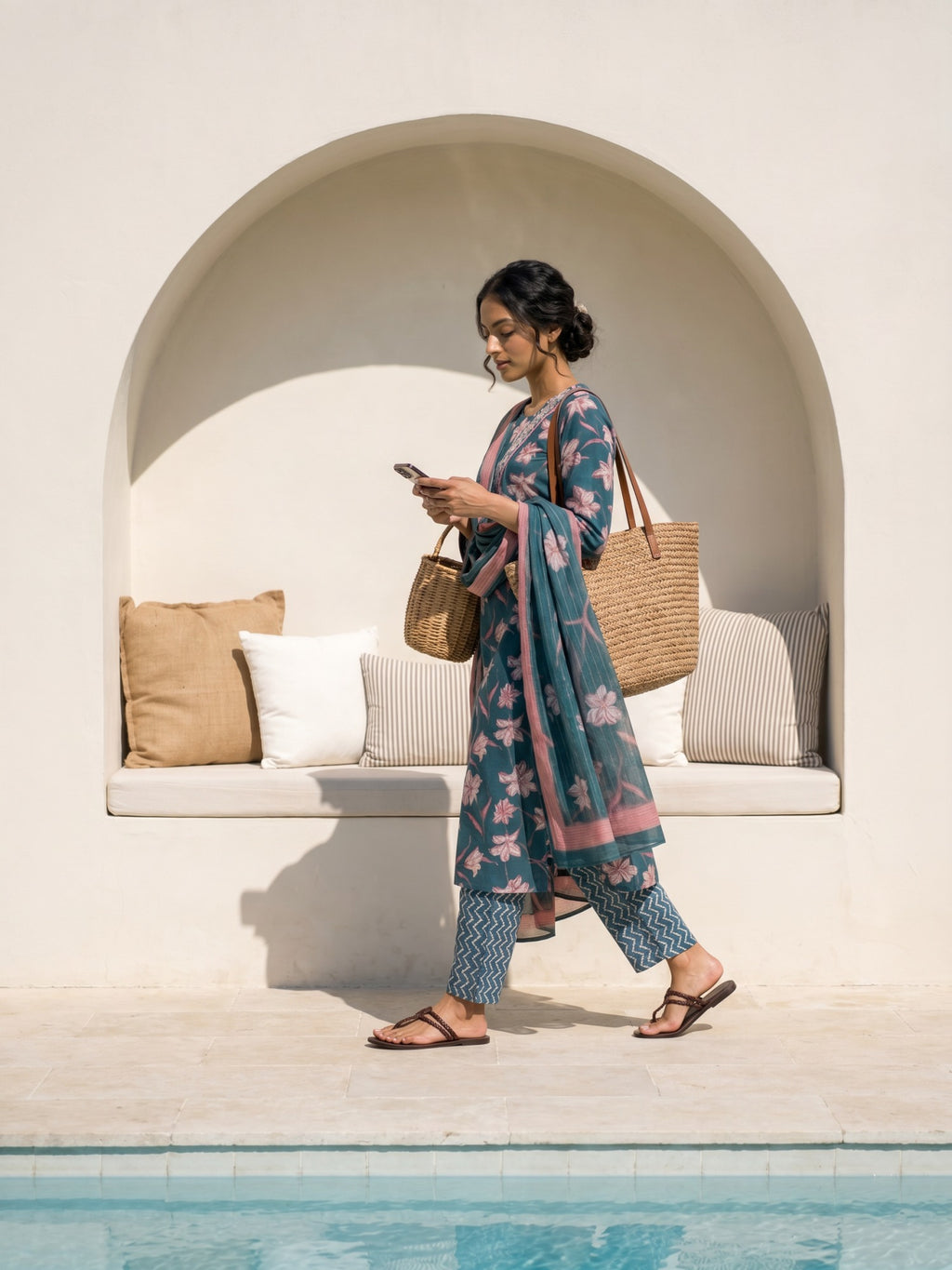 Philauri Women Floral Printed Regular Thread Work Pure Cotton Kurta with Trousers & With Dupatta