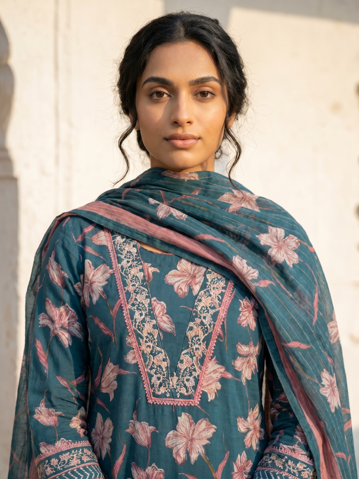 Philauri Women Floral Printed Regular Thread Work Pure Cotton Kurta with Trousers & With Dupatta