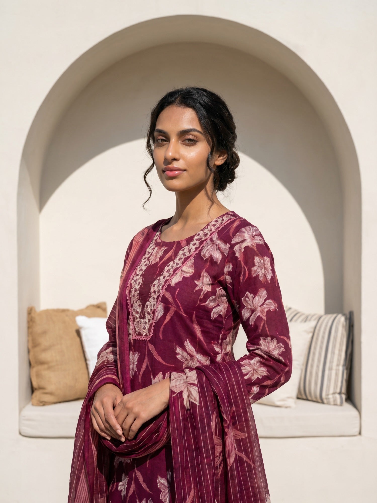 Philauri Women Floral Printed Regular Thread Work Pure Cotton Kurta with Trousers & With Dupatta