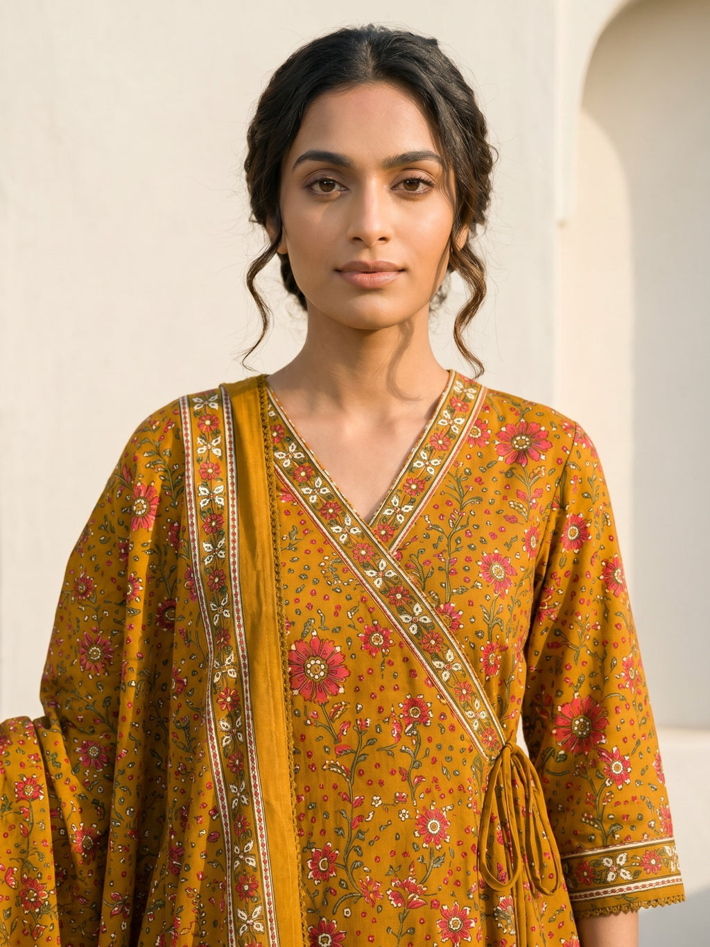 Philauri Women Floral Printed Angrakha Pure Cotton Kurta with Trousers & With Dupatta