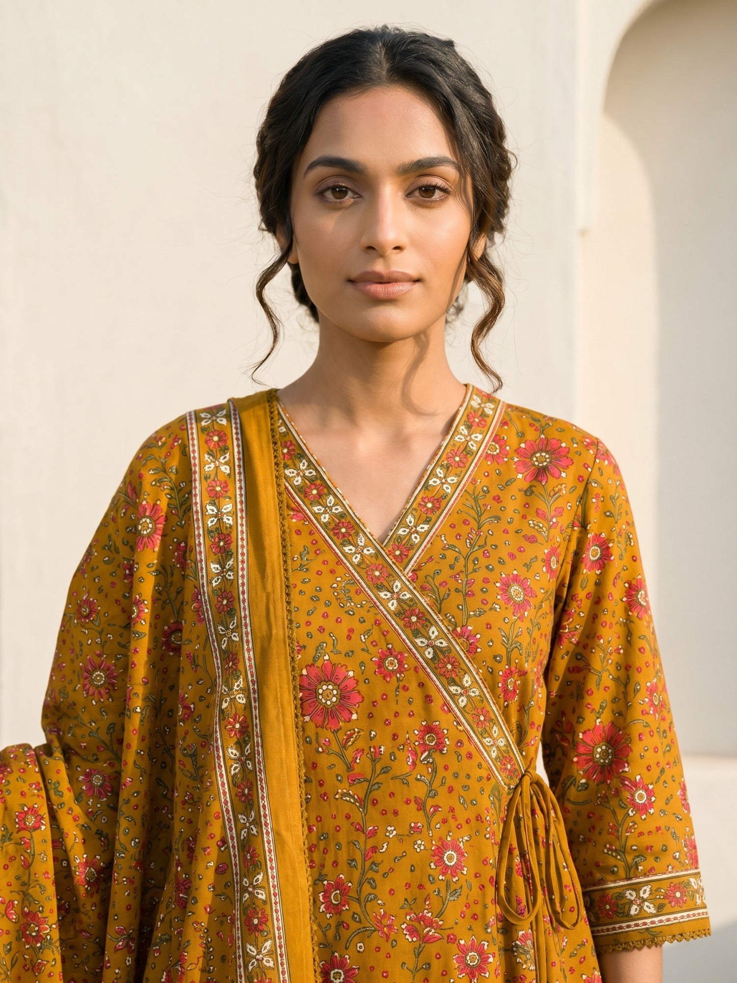 Philauri Women Floral Printed Angrakha Pure Cotton Kurta with Trousers & With Dupatta