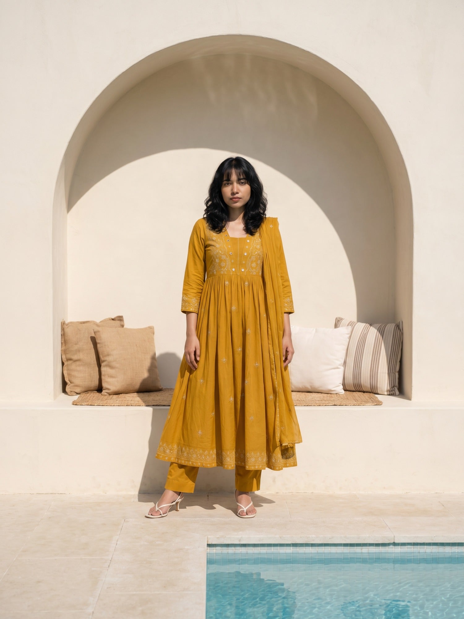 Philauri Women Ethnic Motifs Embroidered Regular Mirror Work Pure Cotton Kurta with Trousers & With Dupatta