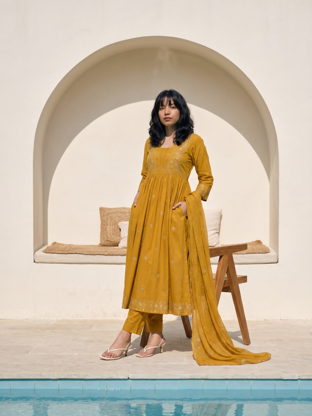 Philauri Women Ethnic Motifs Embroidered Regular Mirror Work Pure Cotton Kurta with Trousers & With Dupatta