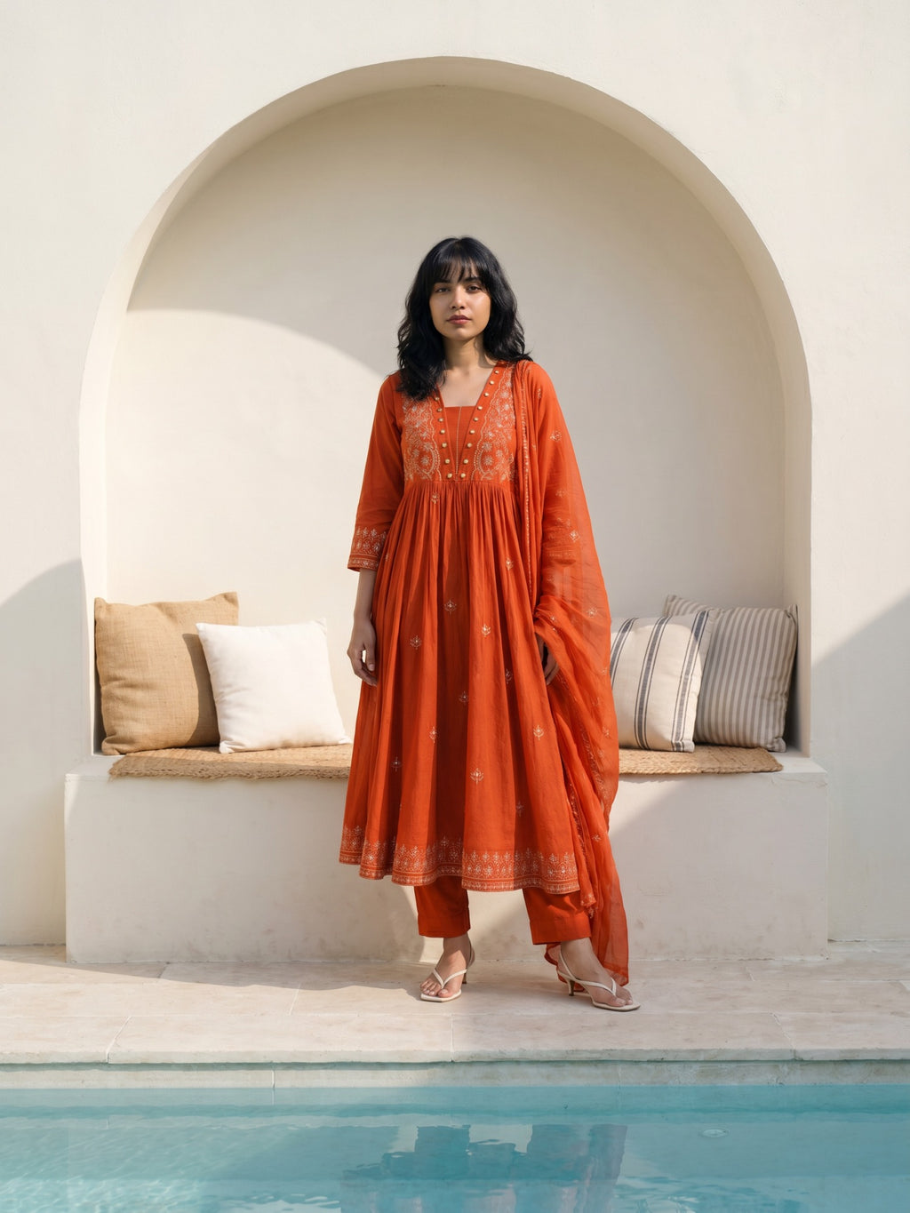 Philauri Women Ethnic Motifs Embroidered Empire Thread Work Pure Cotton Kurta with Trousers & With Dupatta