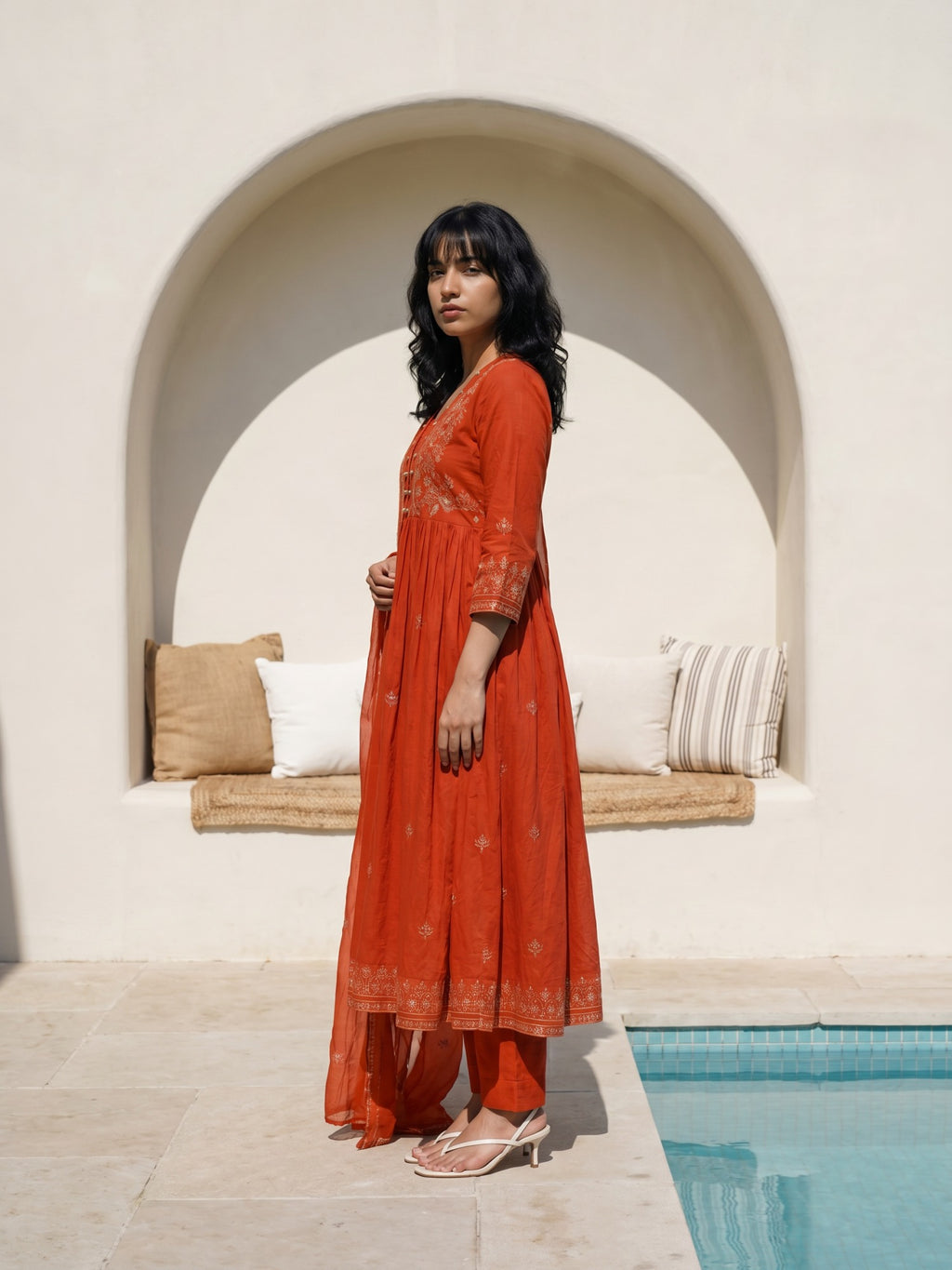 Philauri Women Ethnic Motifs Embroidered Empire Thread Work Pure Cotton Kurta with Trousers & With Dupatta
