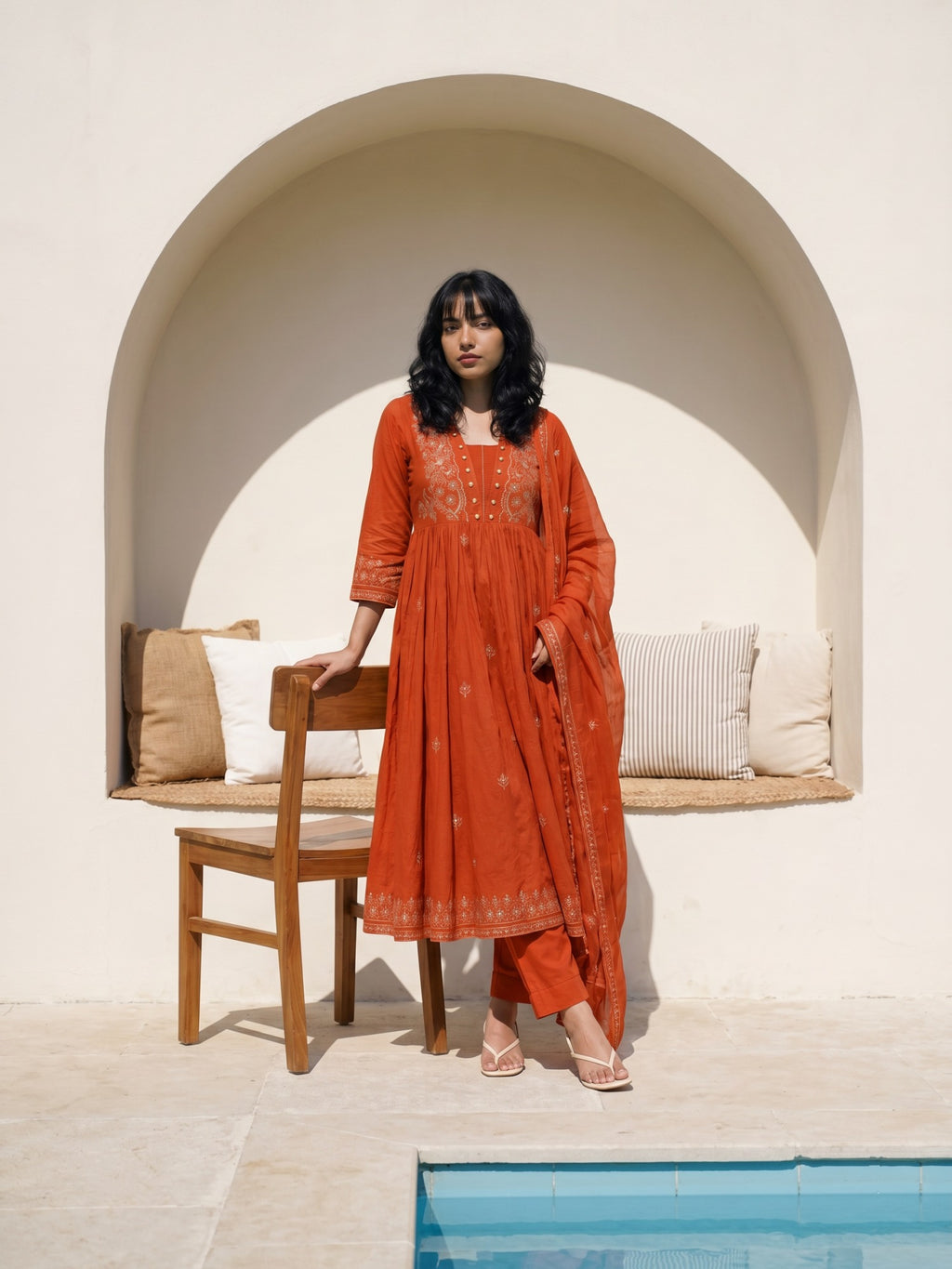 Philauri Women Ethnic Motifs Embroidered Empire Thread Work Pure Cotton Kurta with Trousers & With Dupatta