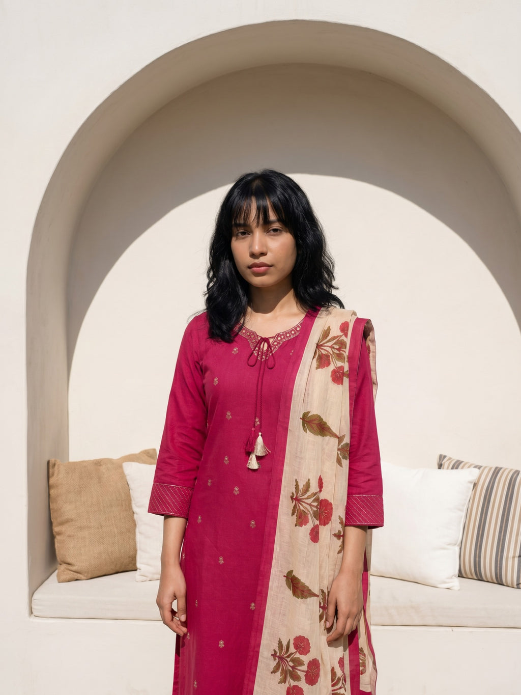 Philauri Women Ethnic Motifs Embroidered Regular Thread Work Pure Cotton Kurta with Trousers & With Dupatta