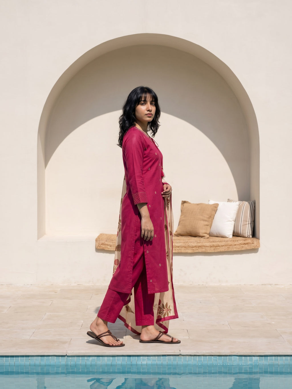 Philauri Women Ethnic Motifs Embroidered Regular Thread Work Pure Cotton Kurta with Trousers & With Dupatta