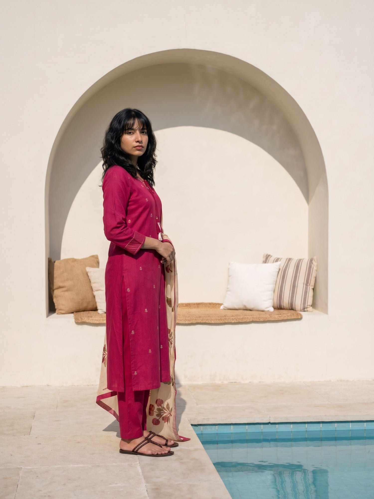 Philauri Women Ethnic Motifs Embroidered Regular Thread Work Pure Cotton Kurta with Trousers & With Dupatta