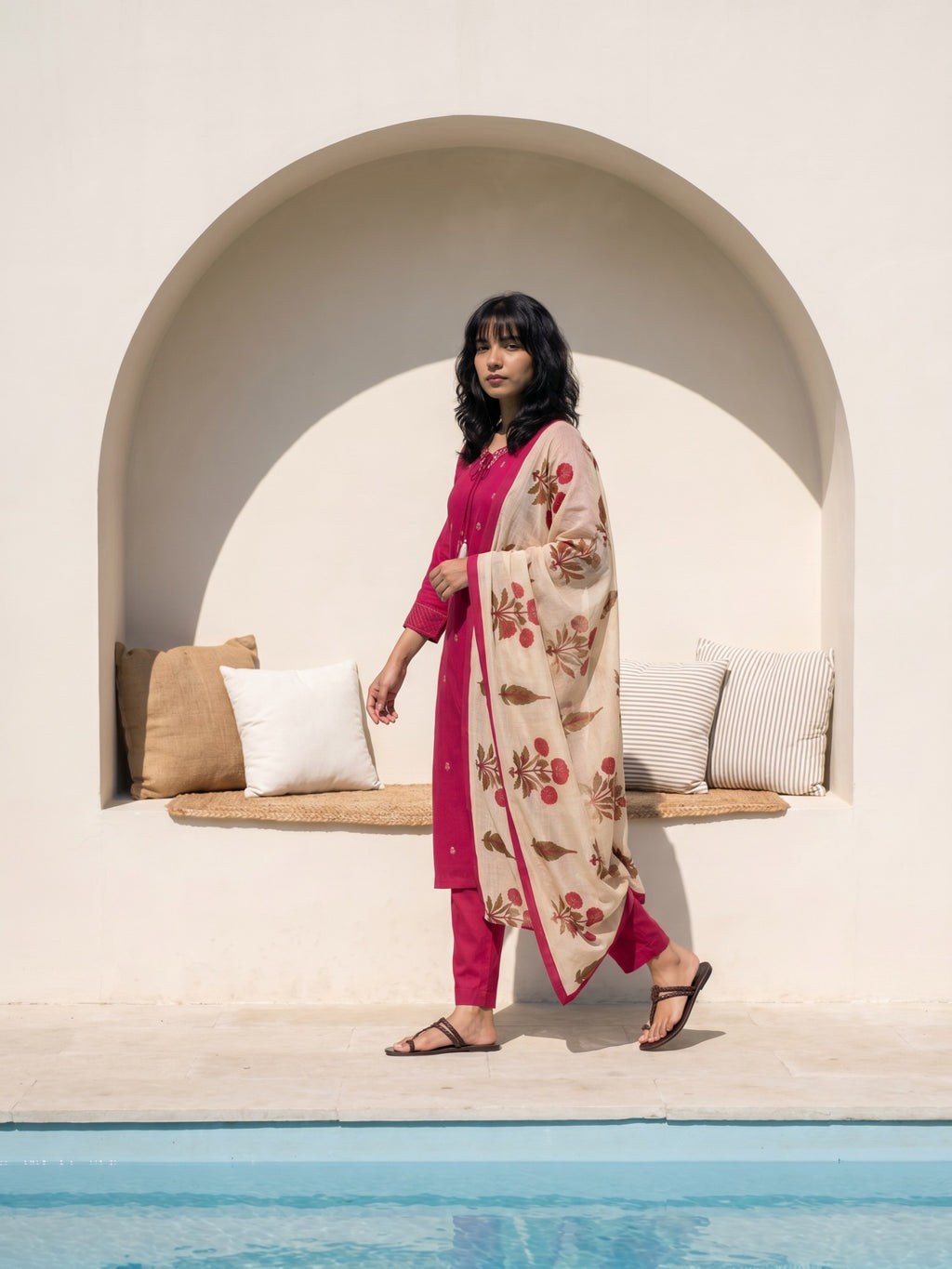 Philauri Women Ethnic Motifs Embroidered Regular Thread Work Pure Cotton Kurta with Trousers & With Dupatta