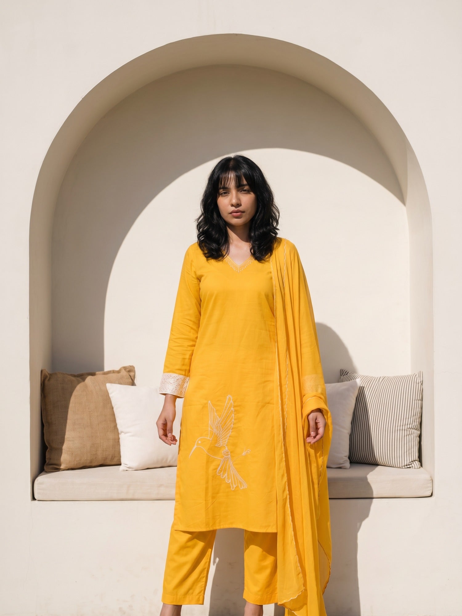 Philauri Women Ethnic Motifs Embroidered Regular Thread Work Pure Cotton Kurta with Trousers & With Dupatta