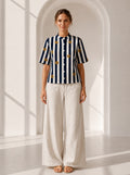 Philauri Vertical Stripes Floral Print High Neck Cotton Top