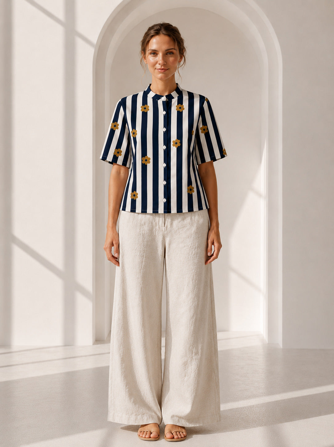 Philauri Vertical Stripes Floral Print High Neck Cotton Top