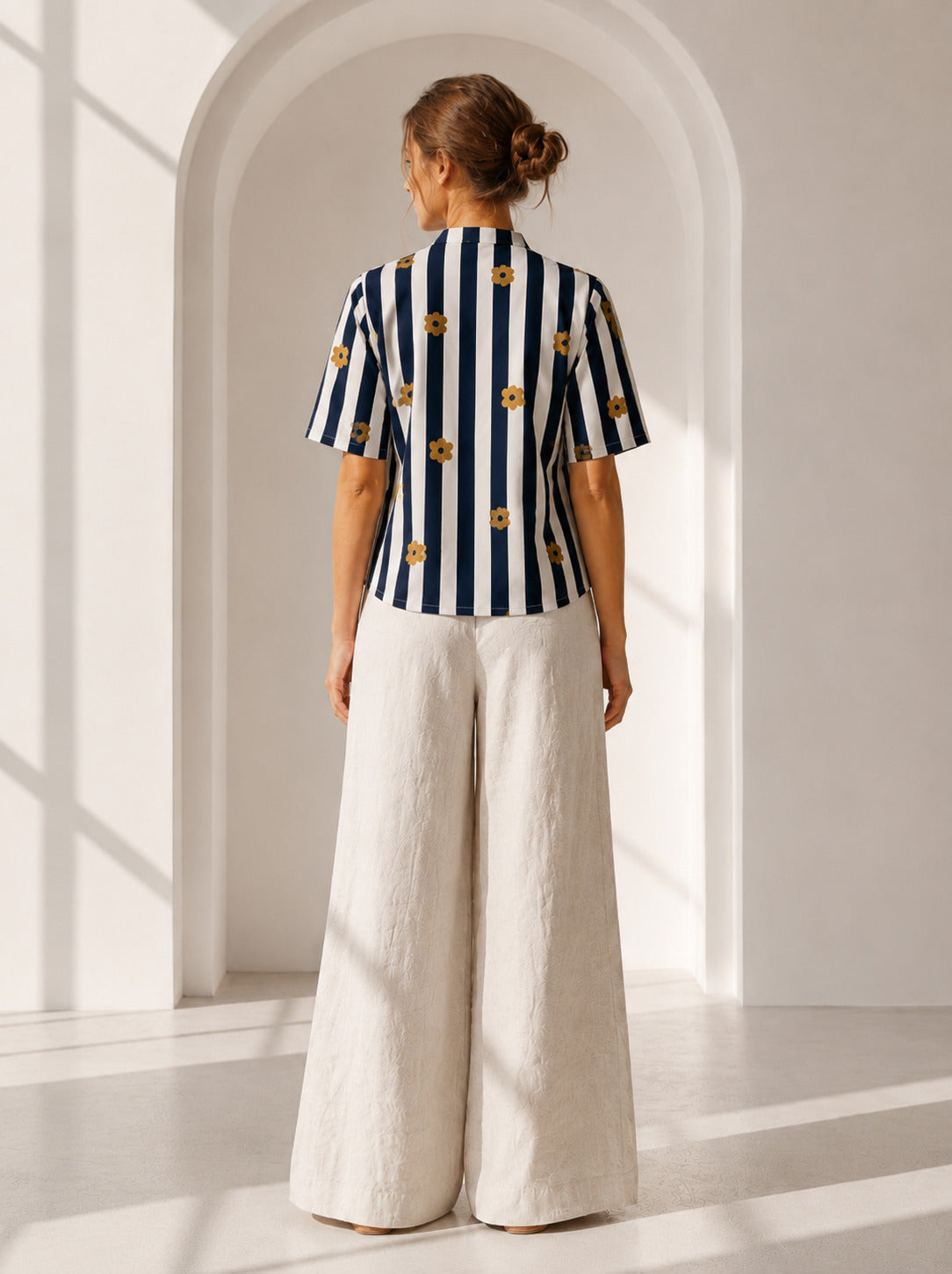 Philauri Vertical Stripes Floral Print High Neck Cotton Top