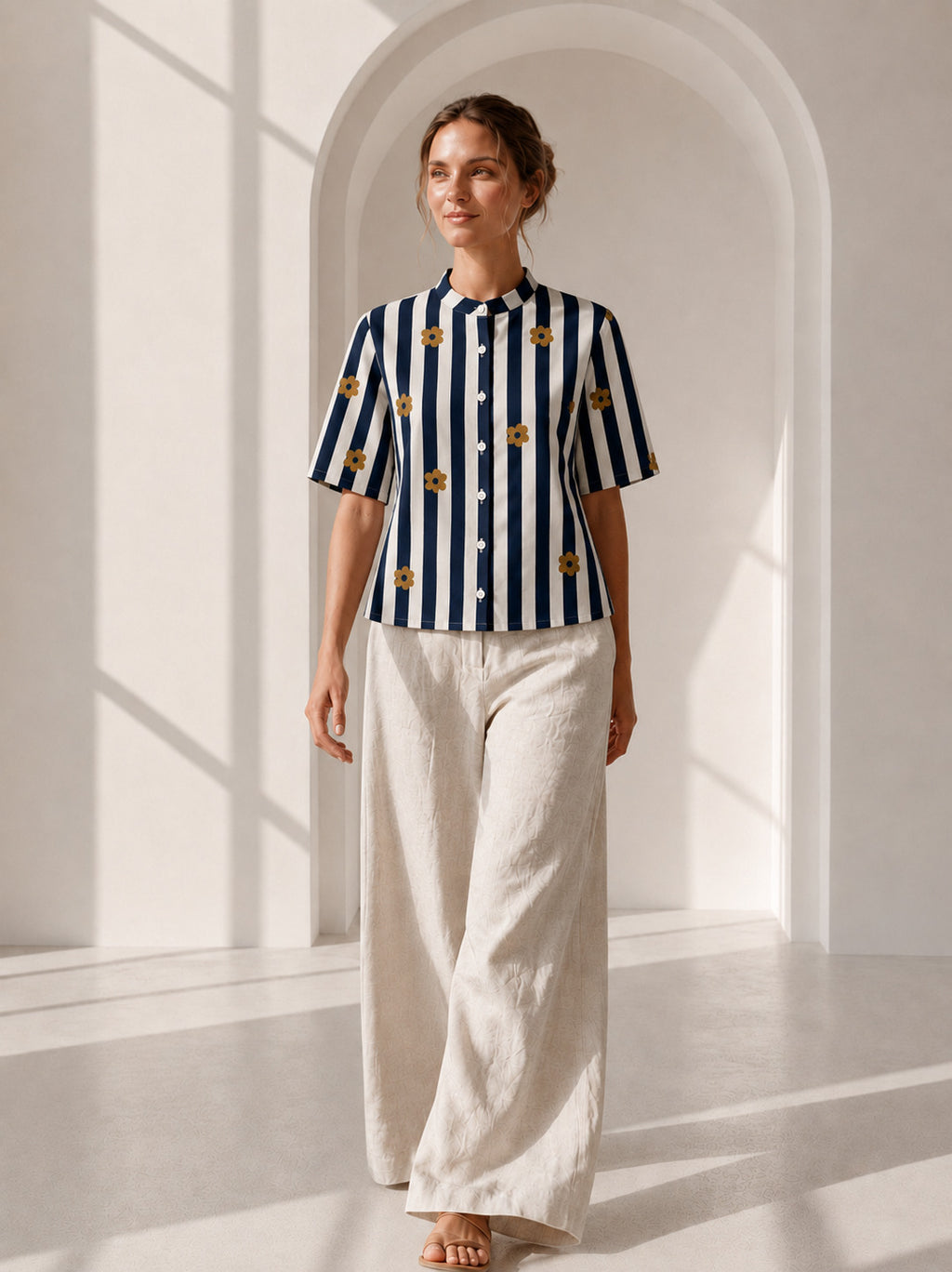 Philauri Vertical Stripes Floral Print High Neck Cotton Top