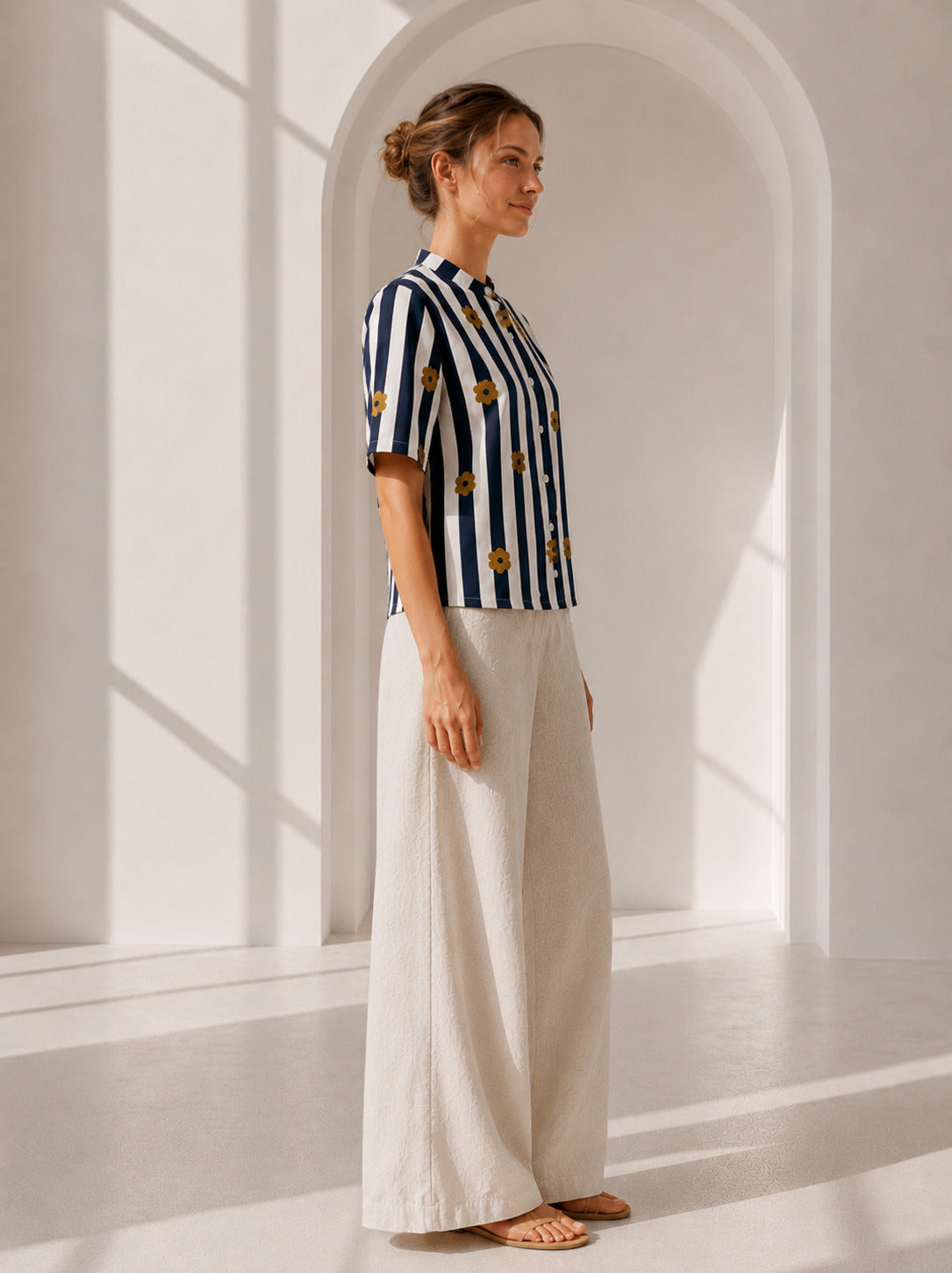 Philauri Vertical Stripes Floral Print High Neck Cotton Top
