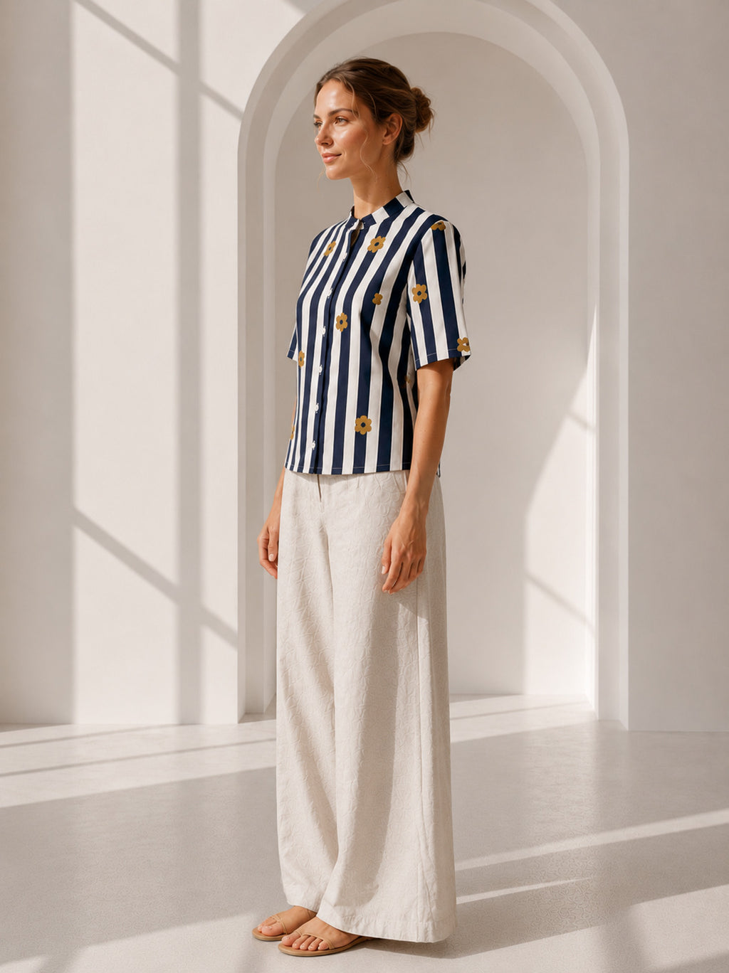 Philauri Vertical Stripes Floral Print High Neck Cotton Top
