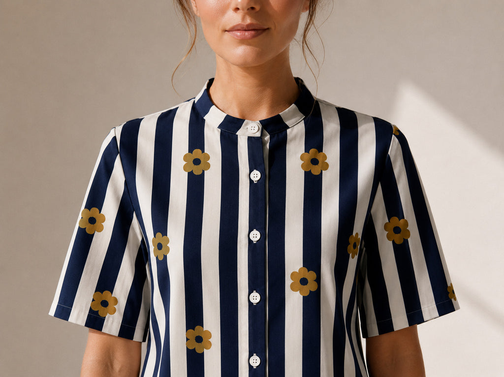 Philauri Vertical Stripes Floral Print High Neck Cotton Top