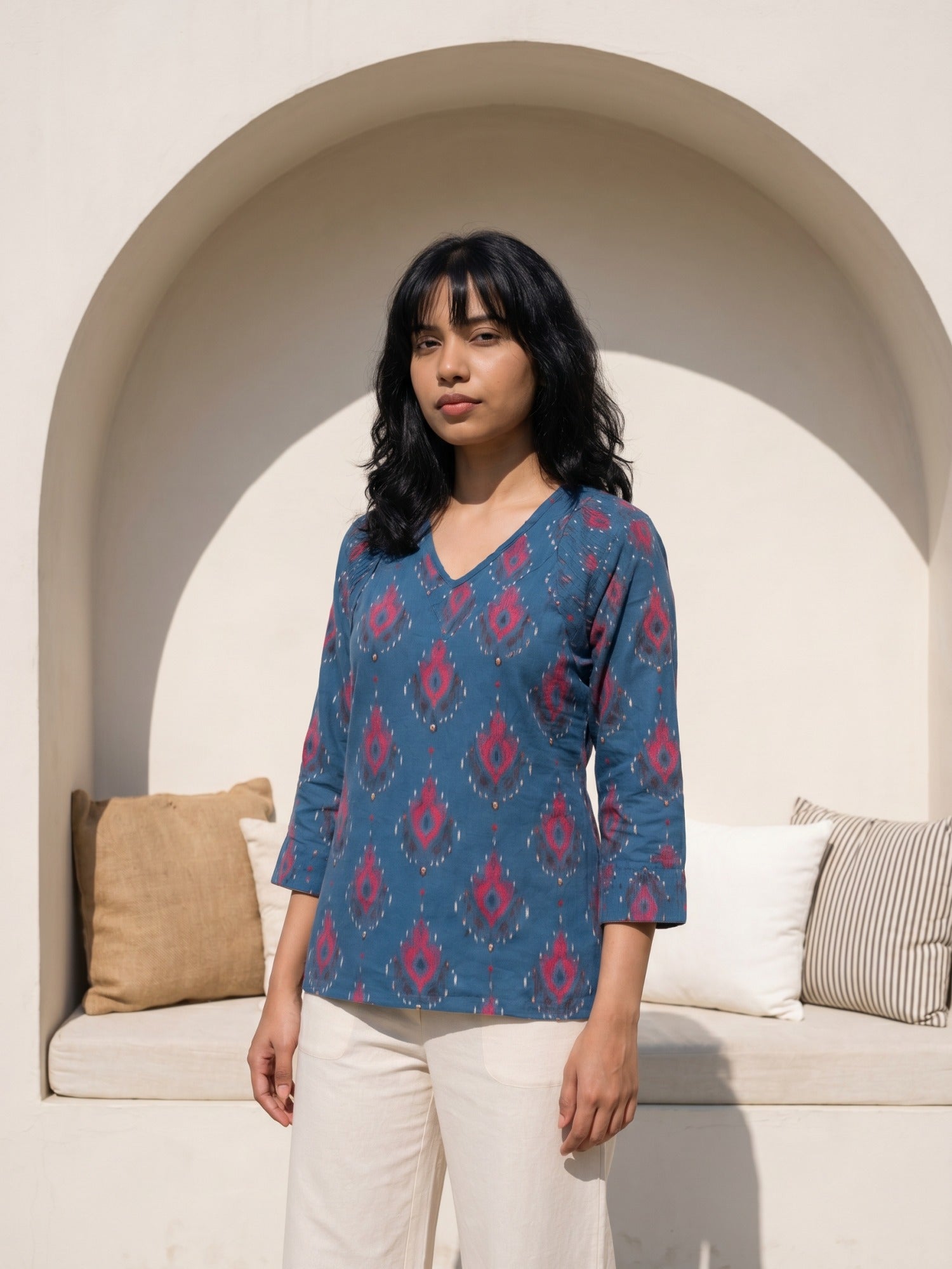 Philauri Ethnic Motifs Printed V-Neck Pure Cotton Kurti