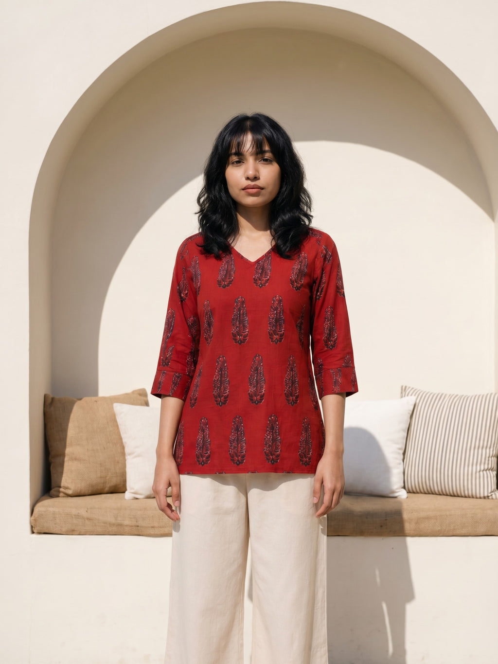 Philauri Ethnic Motifs Printed V-Neck Pure Cotton Kurti