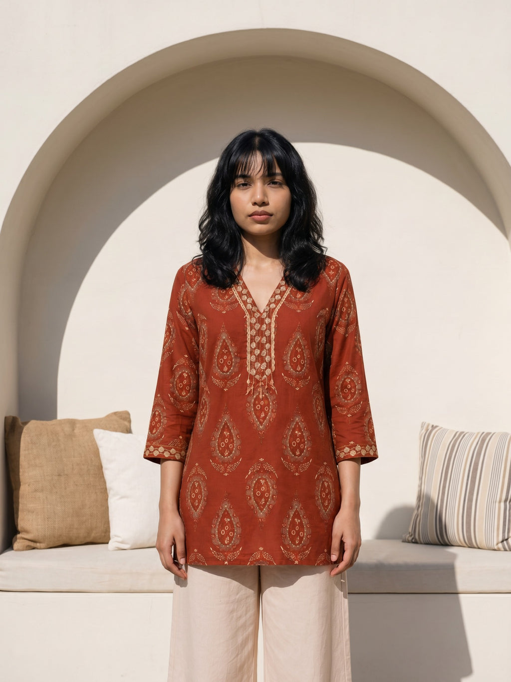 Philauri Ethnic Motifs Printed V-Neck Sequinned Pure Cotton Sequinned Kurti