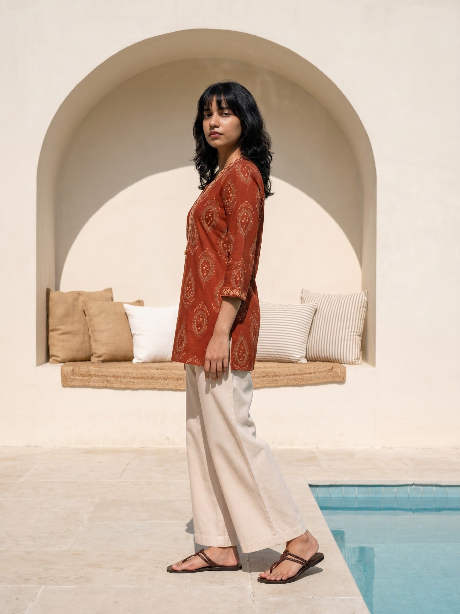 Philauri Ethnic Motifs Printed V-Neck Sequinned Pure Cotton Sequinned Kurti